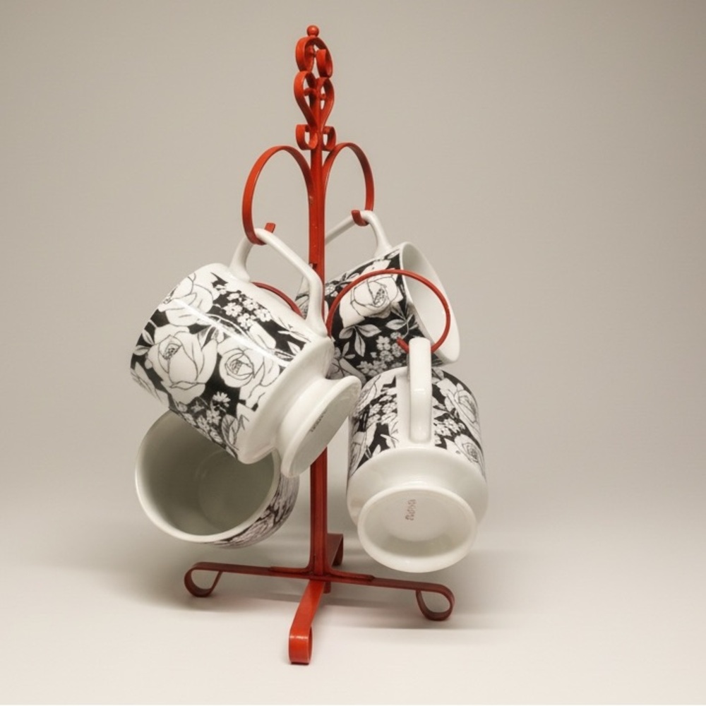 Vintage Japanese Stackable Mugs with Red Metal Stand - Black & White Floral
